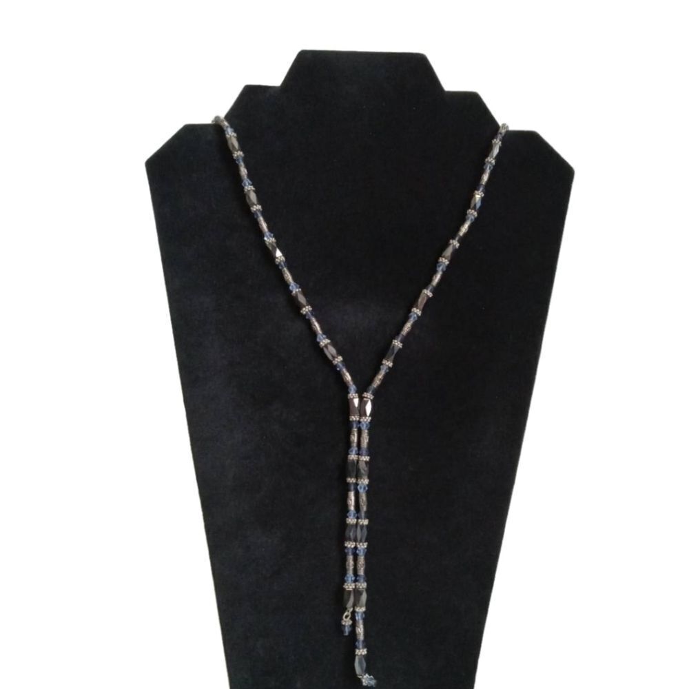 Blue and Silver Tone Assorted Magnetic Hematite Beads Lariat Wrap Style Necklace